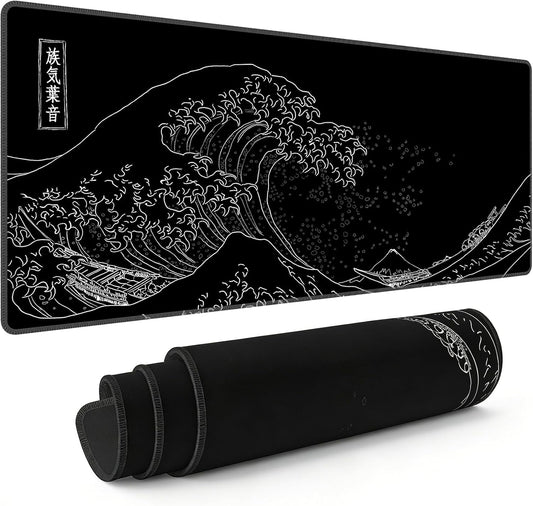 Extended Large Anime Black Mouse Pad the Great Wave off Kanagawa Painting Big Gaming Keyboard Mat XXL Non-Slip Water-Resistant Rubber Base Full Desk Mousepad 3D Pattern