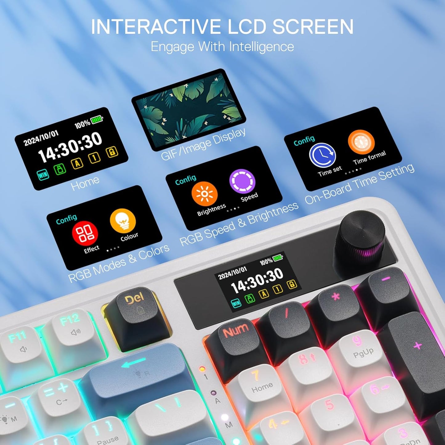 K719 Wireless Gasket Gaming Keyboard W/Hype Screen & Knob, 95 Keys Mechanical Keyboard, Easy-Control 1.14’’ TFT Info Display, 5-Layer Noise Dampener, round PBT Keycaps, Mint Mambo Switch | Easy-Control LED Info Display, 0-Delay Tri-Mode, Cushioned 5-Layer Noise Dampening for Creamy Thocky Sound, Practical 95 Keys