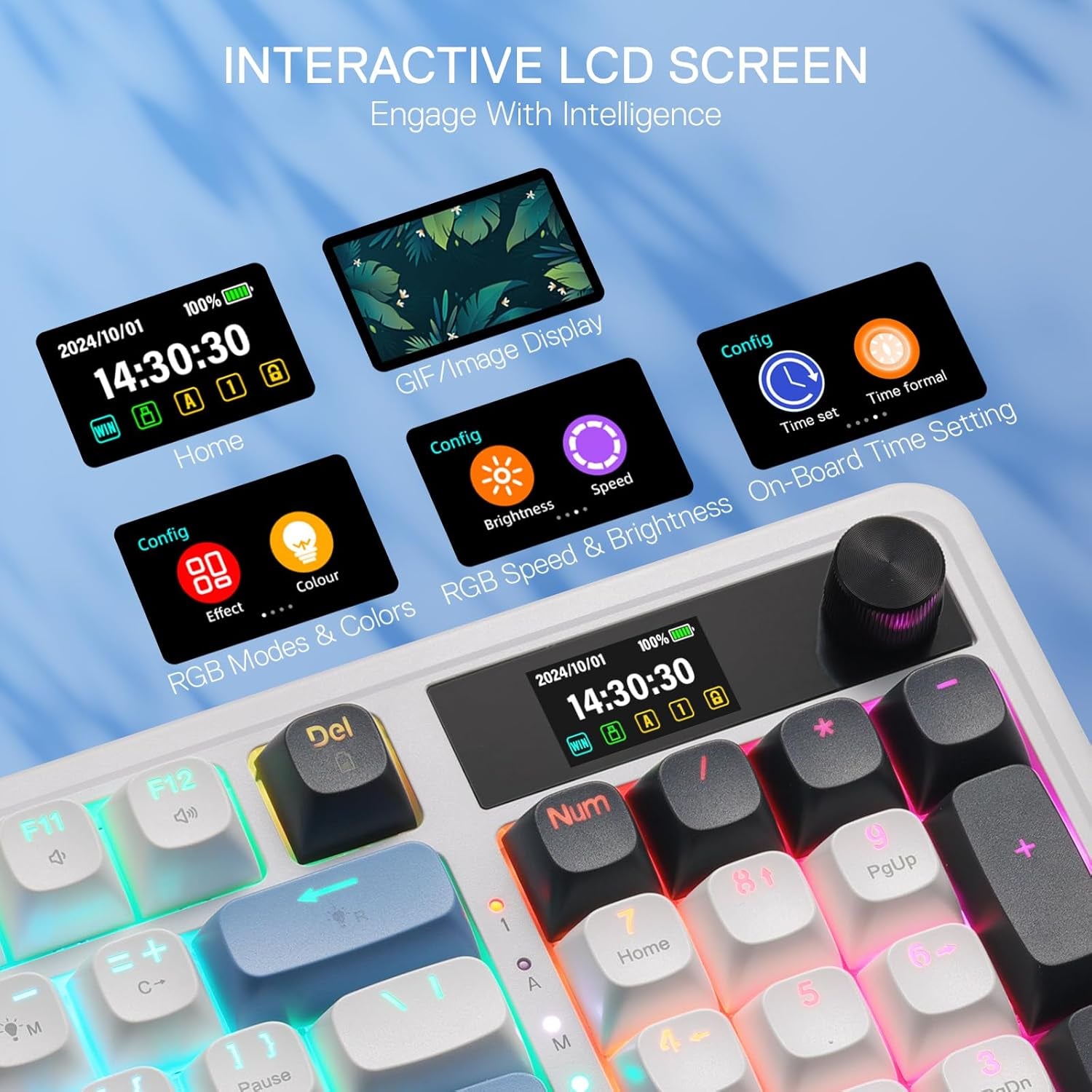 K719 Wireless Gasket Gaming Keyboard W/Hype Screen & Knob, 95 Keys Mechanical Keyboard, Easy-Control 1.14’’ TFT Info Display, 5-Layer Noise Dampener, round PBT Keycaps, Mint Mambo Switch | Easy-Control LED Info Display, 0-Delay Tri-Mode, Cushioned 5-Layer Noise Dampening for Creamy Thocky Sound, Practical 95 Keys