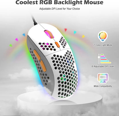 T60PRO 60% Mechanical Keyboard and Mouse Combo+Coiled USB C Cable, Compact RGB LED Backlit Keyboard, Linear Red Switch, 6400 DPI Programmable RGB Mouse for PC Mac Gamer(Grey&White)