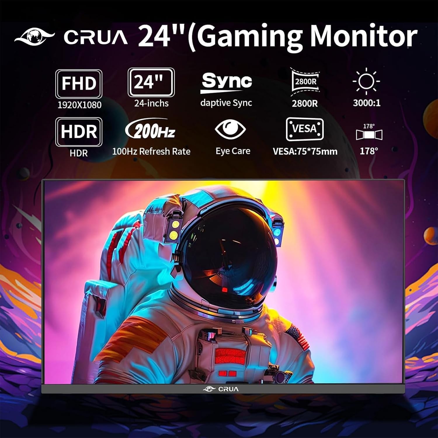 24 Inch Curved Gaming Monitor, 180Hz/200Hz FHD 1080P, 1Ms Response, AMD Freesync, Eye-Care Flicker-Free, Frameless Esports Display with HDMI & DP, VESA Wall Mount – Black