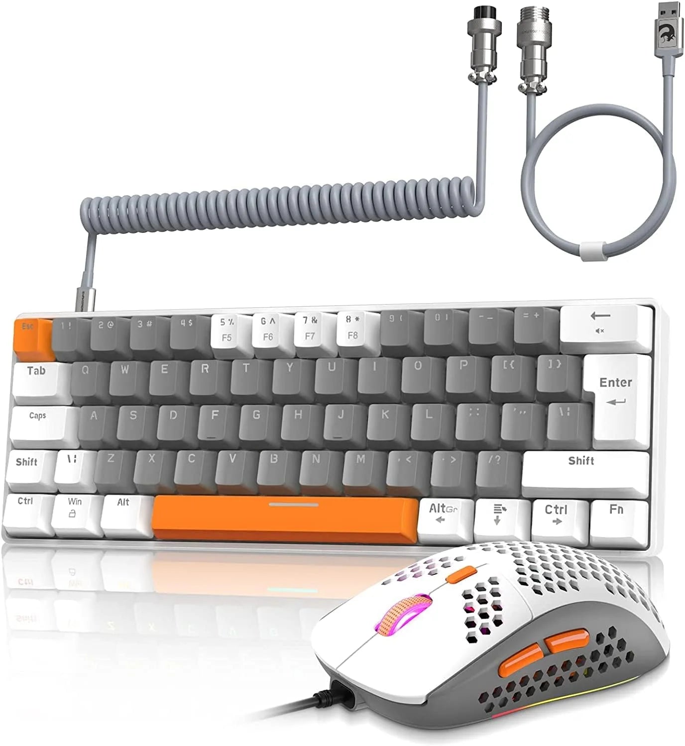 T60PRO 60% Mechanical Keyboard and Mouse Combo+Coiled USB C Cable, Compact RGB LED Backlit Keyboard, Linear Red Switch, 6400 DPI Programmable RGB Mouse for PC Mac Gamer(Grey&White)