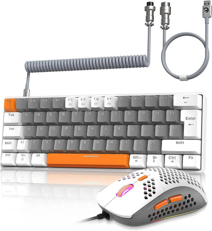 T60PRO 60% Mechanical Keyboard and Mouse Combo+Coiled USB C Cable, Compact RGB LED Backlit Keyboard, Linear Red Switch, 6400 DPI Programmable RGB Mouse for PC Mac Gamer(Grey&White)