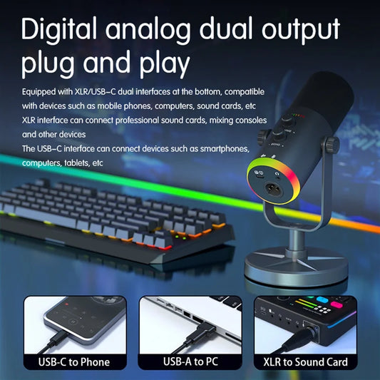 B29C-Condenser MIC USB Dynamic RGB Gaming Microphone for Computer for Podcast Live Streaming Gaming White