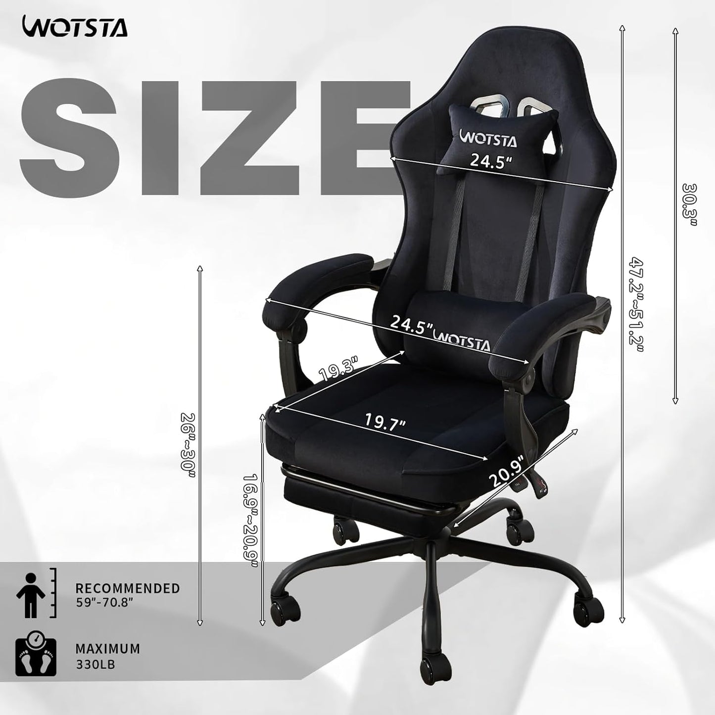 Gaming Chair for Adults, Ergonomic Gaming Chair with Footrest, Lumbar Support and Headrest, Adjustable Height Computer Chairs Gaming, Fabric Gamer Chair for Home Office, Black
