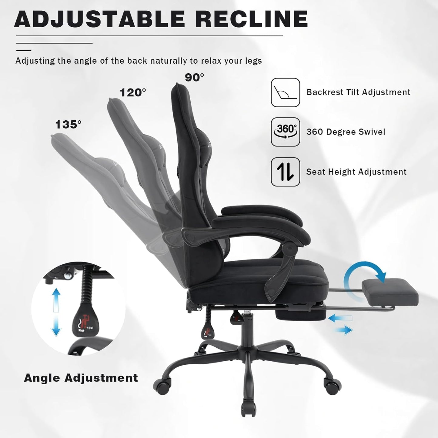 Gaming Chair for Adults, Ergonomic Gaming Chair with Footrest, Lumbar Support and Headrest, Adjustable Height Computer Chairs Gaming, Fabric Gamer Chair for Home Office, Black