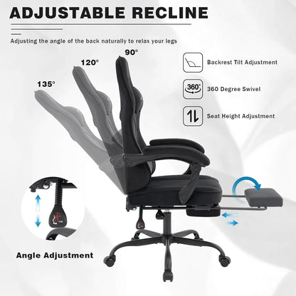 Gaming Chair for Adults, Ergonomic Gaming Chair with Footrest, Lumbar Support and Headrest, Adjustable Height Computer Chairs Gaming, Fabric Gamer Chair for Home Office, Black