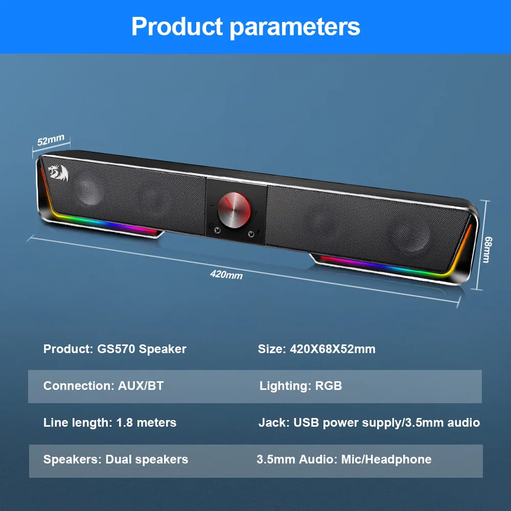 GS570 Darknets Support Bluetooth Wireless Aux 3.5 Surround RGB Speakers Column Sound Bar for Computer PC Loudspeakers