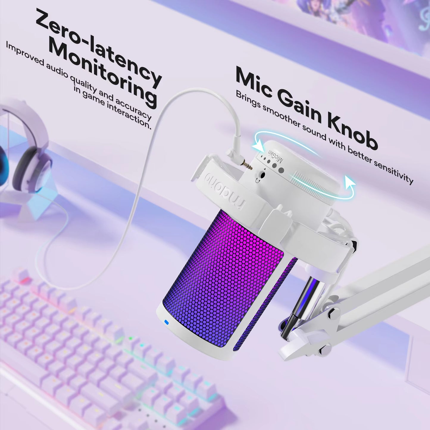 Gamerwave DGM20S USB Microphone Gaming Mic Condenser Mic RGB Mic Noise Canceling Mic with Mic Gain RGB Light One Key Mute