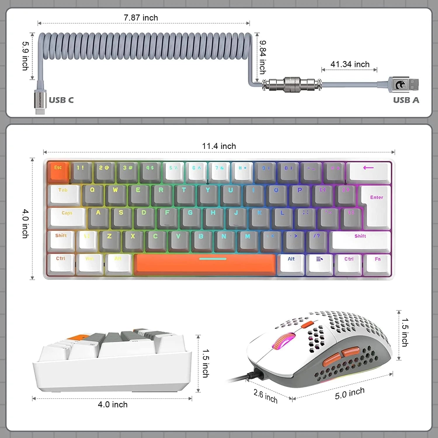 T60PRO 60% Mechanical Keyboard and Mouse Combo+Coiled USB C Cable, Compact RGB LED Backlit Keyboard, Linear Red Switch, 6400 DPI Programmable RGB Mouse for PC Mac Gamer(Grey&White)