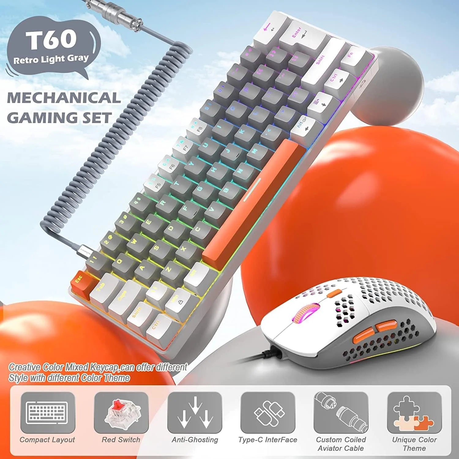 T60PRO 60% Mechanical Keyboard and Mouse Combo+Coiled USB C Cable, Compact RGB LED Backlit Keyboard, Linear Red Switch, 6400 DPI Programmable RGB Mouse for PC Mac Gamer(Grey&White)