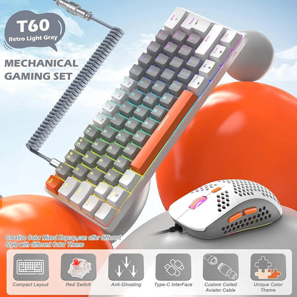 T60PRO 60% Mechanical Keyboard and Mouse Combo+Coiled USB C Cable, Compact RGB LED Backlit Keyboard, Linear Red Switch, 6400 DPI Programmable RGB Mouse for PC Mac Gamer(Grey&White)