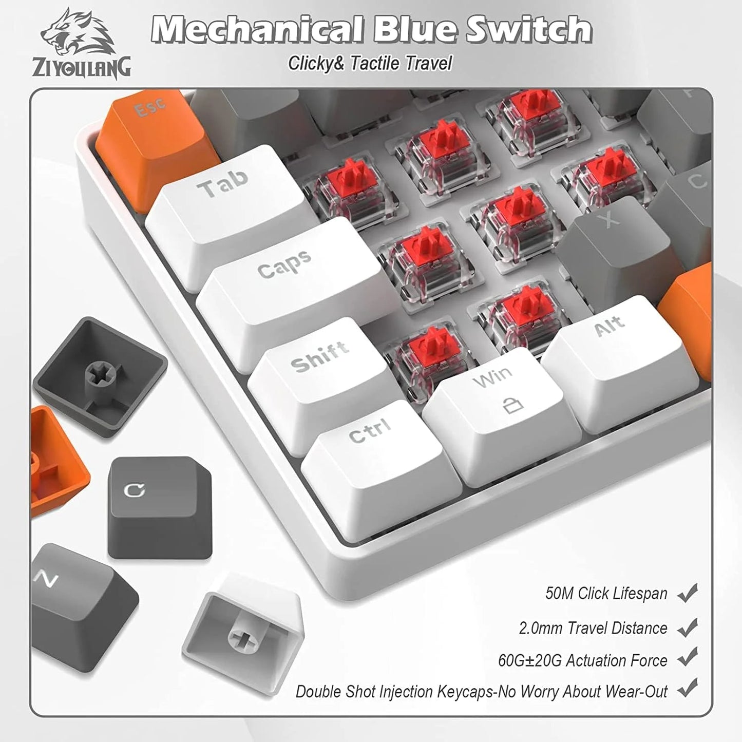 T60PRO 60% Mechanical Keyboard and Mouse Combo+Coiled USB C Cable, Compact RGB LED Backlit Keyboard, Linear Red Switch, 6400 DPI Programmable RGB Mouse for PC Mac Gamer(Grey&White)