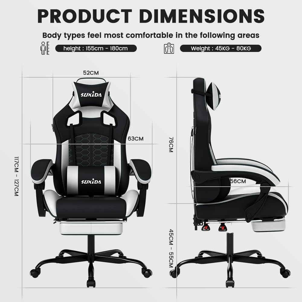 Ergonomic Gaming Chair for Adult, Comfortable Desk Chair with Massage, Comfy Headrest and Lumbar Support Pc Office Chairs with Footrest, Height Adjustable Rotating Task Chairs