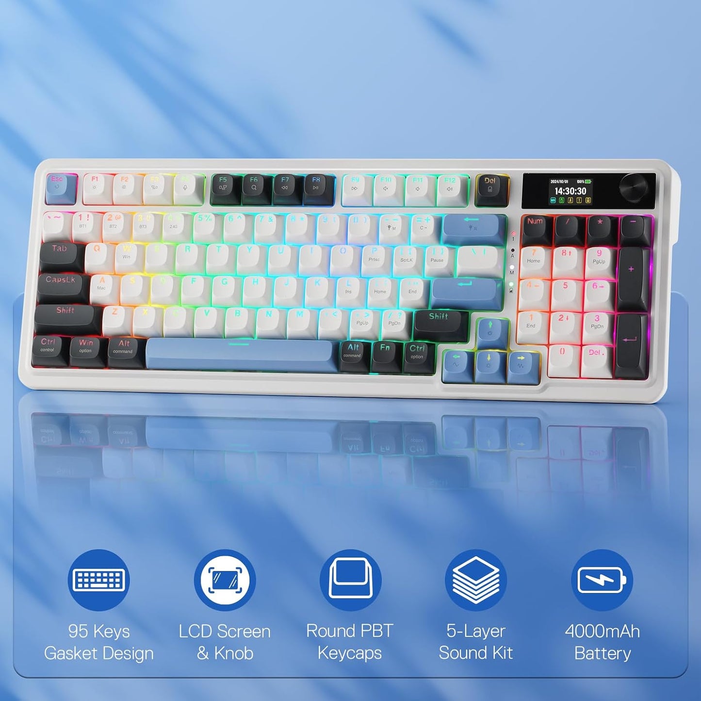K719 Wireless Gasket Gaming Keyboard W/Hype Screen & Knob, 95 Keys Mechanical Keyboard, Easy-Control 1.14’’ TFT Info Display, 5-Layer Noise Dampener, round PBT Keycaps, Mint Mambo Switch | Easy-Control LED Info Display, 0-Delay Tri-Mode, Cushioned 5-Layer Noise Dampening for Creamy Thocky Sound, Practical 95 Keys