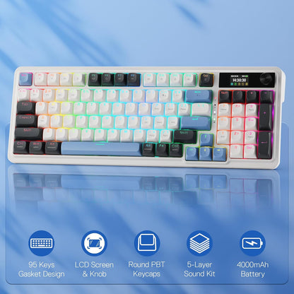 K719 Wireless Gasket Gaming Keyboard W/Hype Screen & Knob, 95 Keys Mechanical Keyboard, Easy-Control 1.14’’ TFT Info Display, 5-Layer Noise Dampener, round PBT Keycaps, Mint Mambo Switch | Easy-Control LED Info Display, 0-Delay Tri-Mode, Cushioned 5-Layer Noise Dampening for Creamy Thocky Sound, Practical 95 Keys