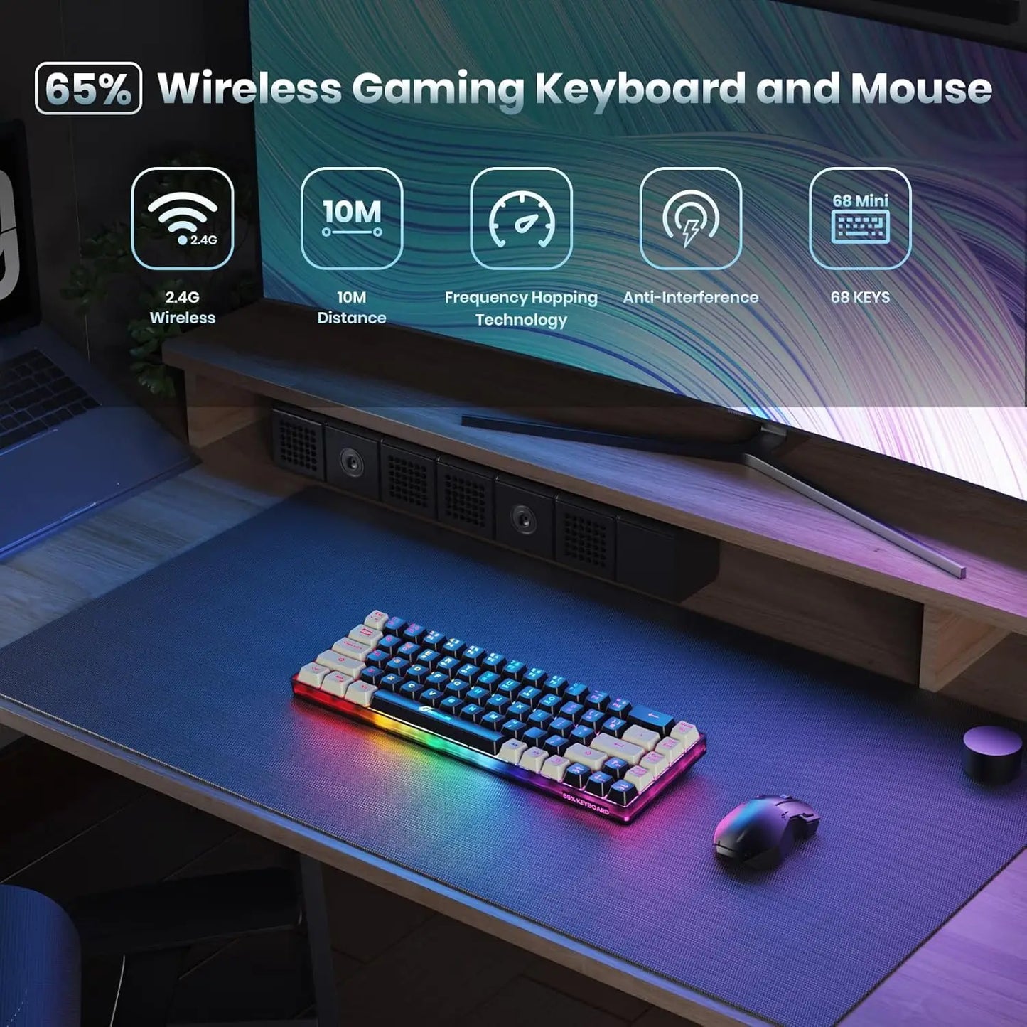 65% Compact Wireless Gaming Keyboard, Rgb Backlit, 2.4G Wireless, 2000Mah Long Battery,Quiet Membrane, Portable for Gaming