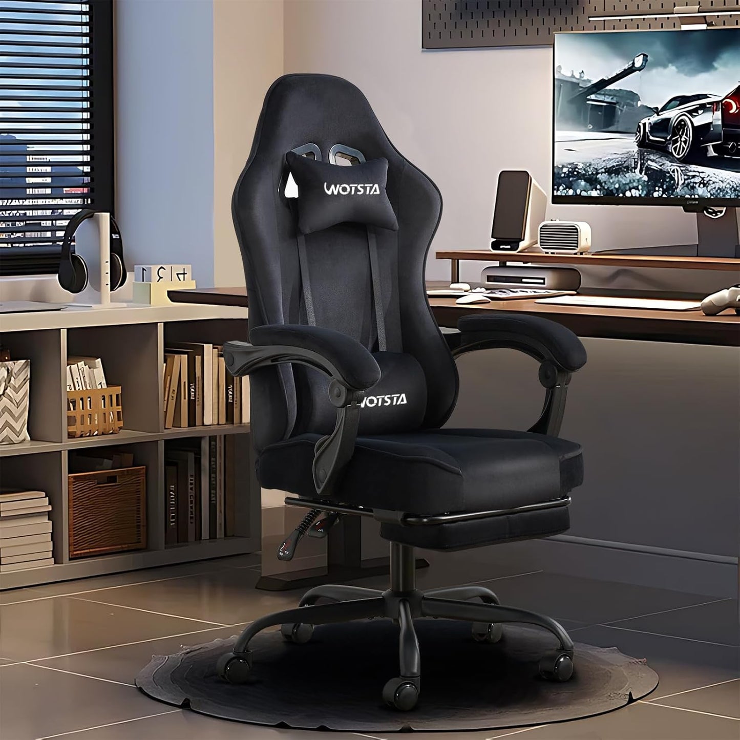 Gaming Chair for Adults, Ergonomic Gaming Chair with Footrest, Lumbar Support and Headrest, Adjustable Height Computer Chairs Gaming, Fabric Gamer Chair for Home Office, Black