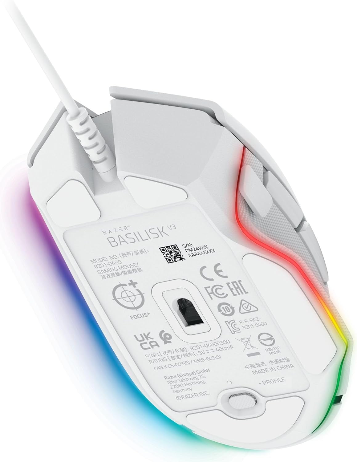 Razer Basilisk V3 - Wired Customisable Gaming Mouse - Ergonomic Design - 26K DPI Sensor - Chroma RGB - 11 Programmable Buttons - Tiltable Hyperscroll Mouse Wheel - Pc/Mac | White
