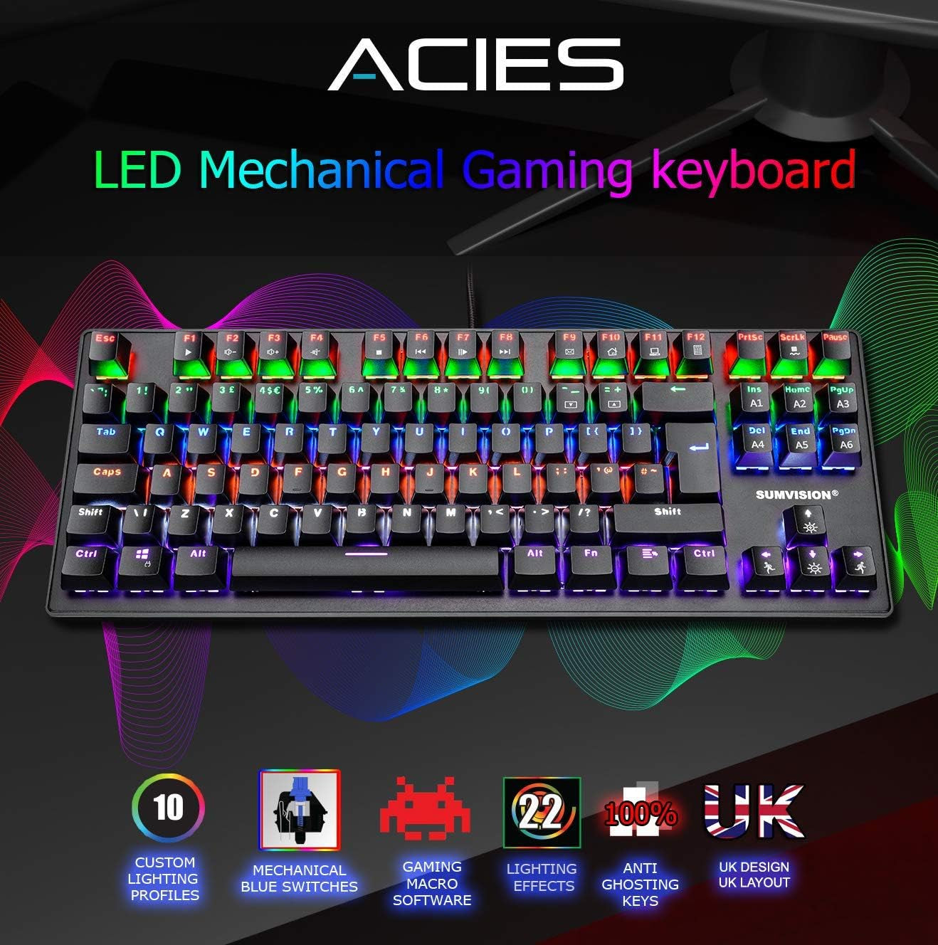 Gaming Keyboard  ACIES True Mechanical Keyboard Tenkeyless TKL Rainbow LED 100% Anti-Ghosting Programmable Macro for Gaming PC Xbox PS5 Apple Mac (UK DESIGN UK TECH SUPPORT UK QWERTY LAYOUT)