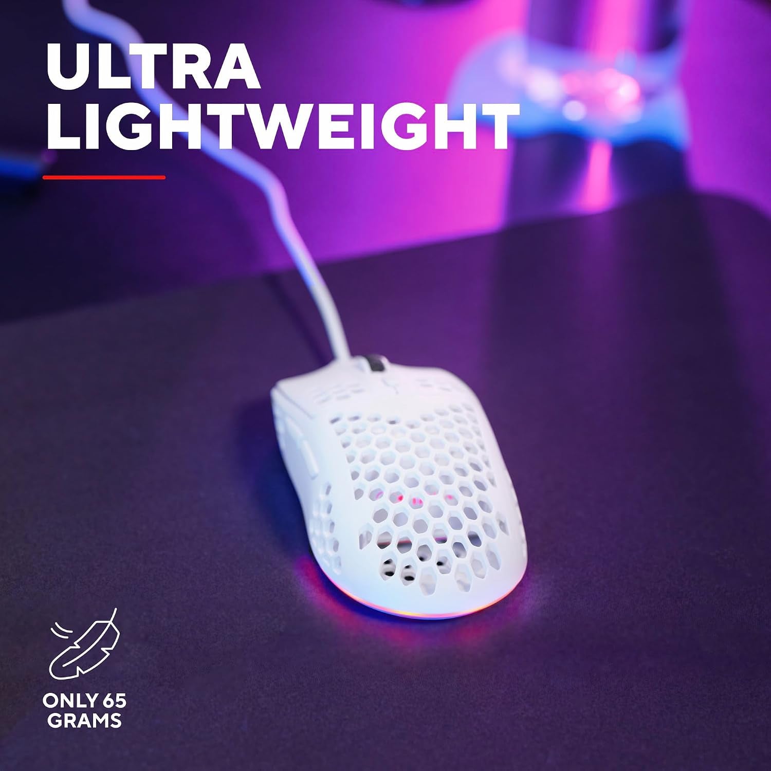 Helox USB White Gaming Mouse Superlight 65G | Adjustable DPI (200-6400), Optical Sensor, 6 Programmable Buttons, RGB LED Lighting, Gaming PC Gaming Laptop Macbook