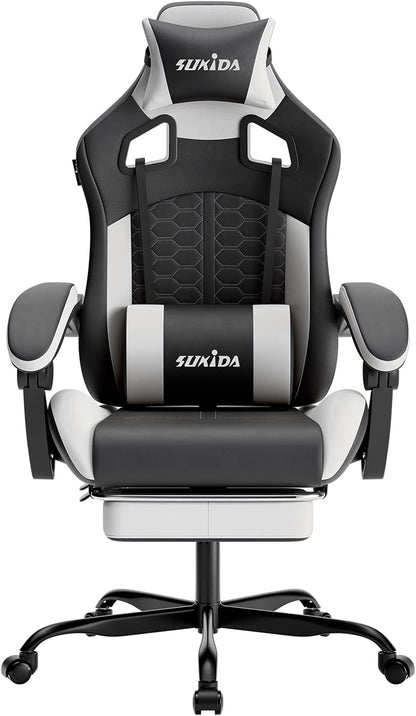 Ergonomic Gaming Chair for Adult, Comfortable Desk Chair with Massage, Comfy Headrest and Lumbar Support Pc Office Chairs with Footrest, Height Adjustable Rotating Task Chairs