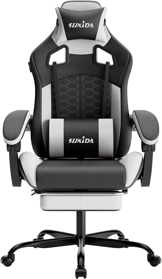 Ergonomic Gaming Chair for Adult, Comfortable Desk Chair with Massage, Comfy Headrest and Lumbar Support Pc Office Chairs with Footrest, Height Adjustable Rotating Task Chairs