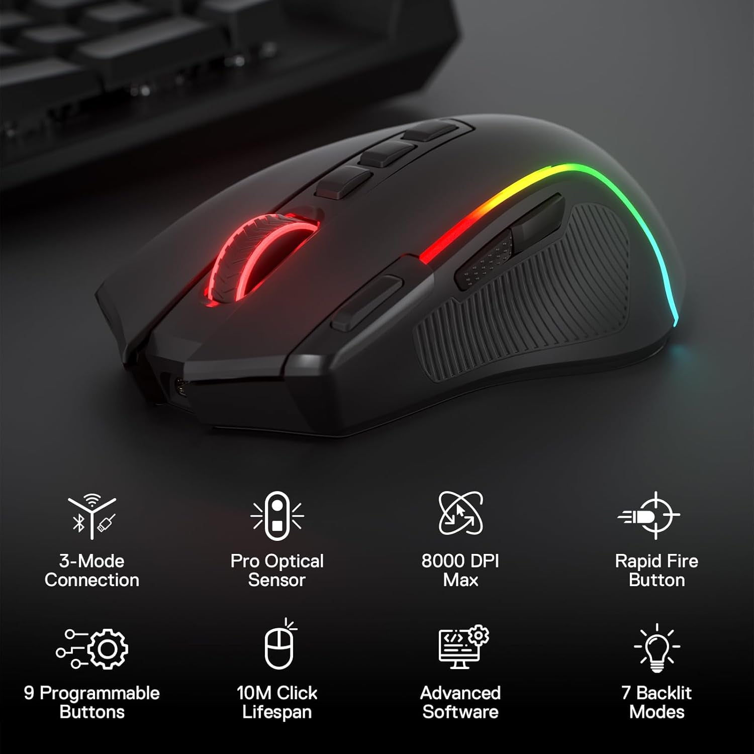 M612 PRO RGB Gaming Mouse, 8000 DPI Wired/Wireless Optical Gamer Mouse with 9 Programmable Buttons & 7 Backlit Modes, BT & 2.4G Wireless, Software Supports DIY Keybinds Rapid Fire Button