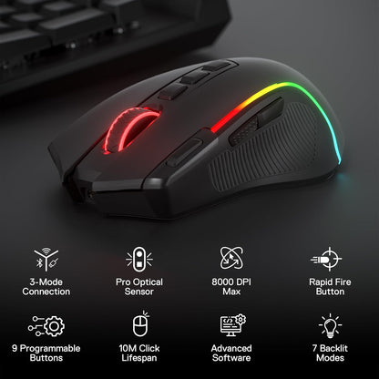 M612 PRO RGB Gaming Mouse, 8000 DPI Wired/Wireless Optical Gamer Mouse with 9 Programmable Buttons & 7 Backlit Modes, BT & 2.4G Wireless, Software Supports DIY Keybinds Rapid Fire Button