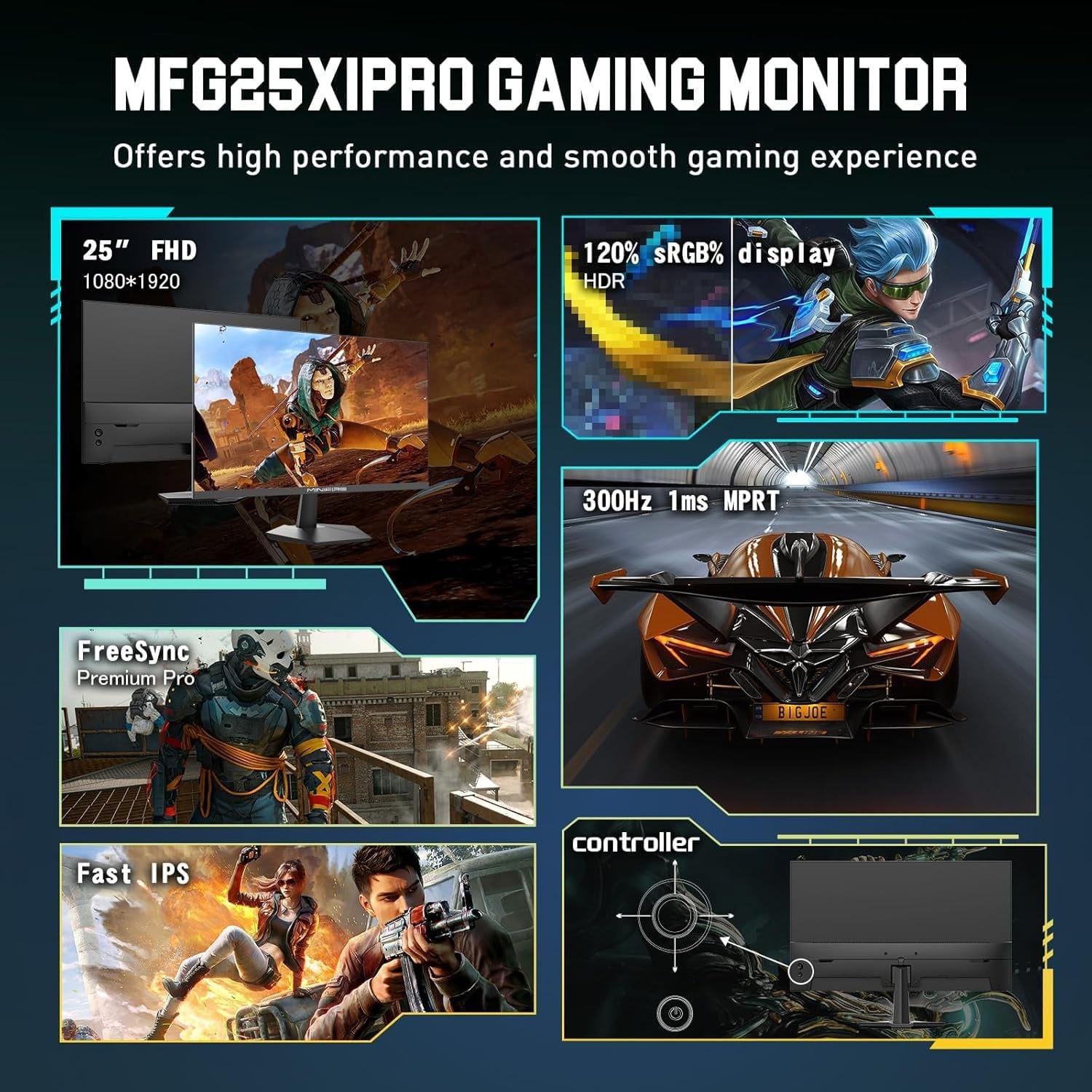 25 Inch 300Hz Gaming Monitor, Full HD 1080P Fast IPS, 1Ms MPRT, Adaptive-Sync, DCI-P3 90%, Srgb 120%, HDR, Anti-Bluelight, HDMI 2.0 & DP1.4, Eye Care, VESA 75X75 (MFG25X1 Pro)