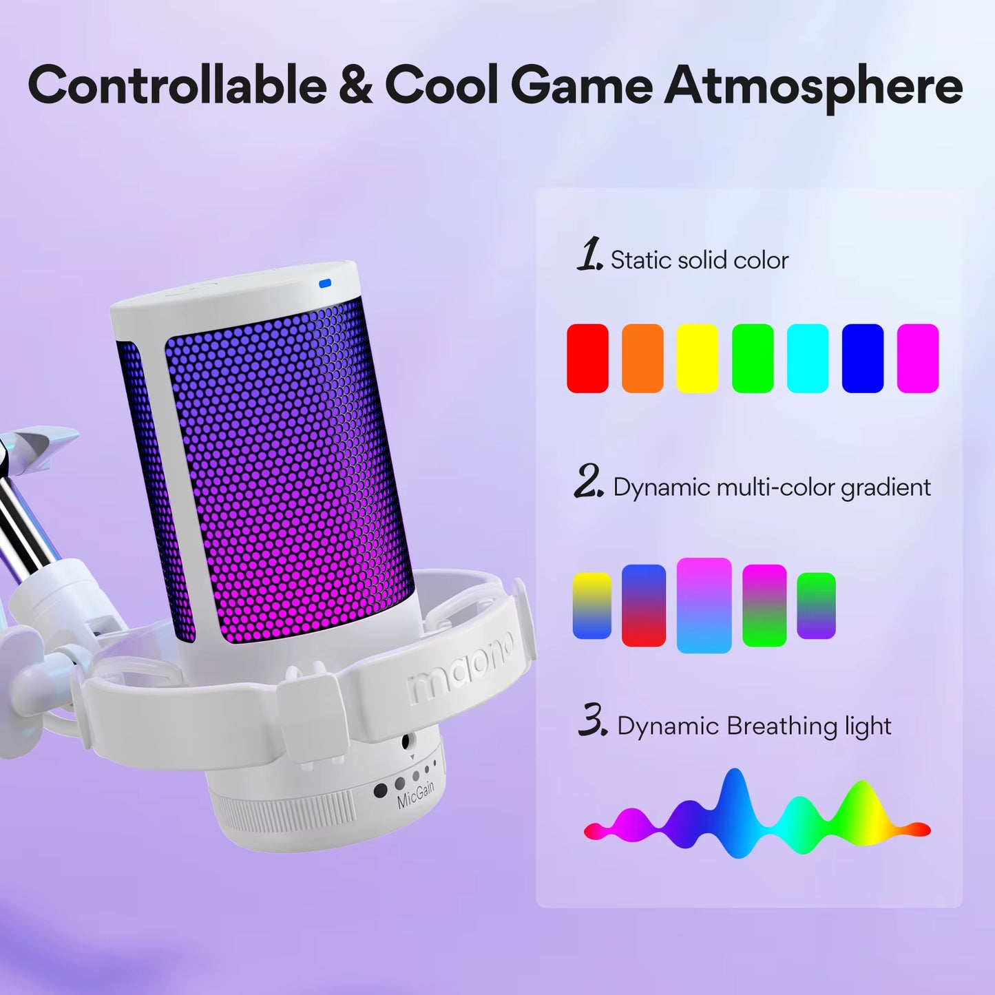 Gamerwave DGM20S USB Microphone Gaming Mic Condenser Mic RGB Mic Noise Canceling Mic with Mic Gain RGB Light One Key Mute
