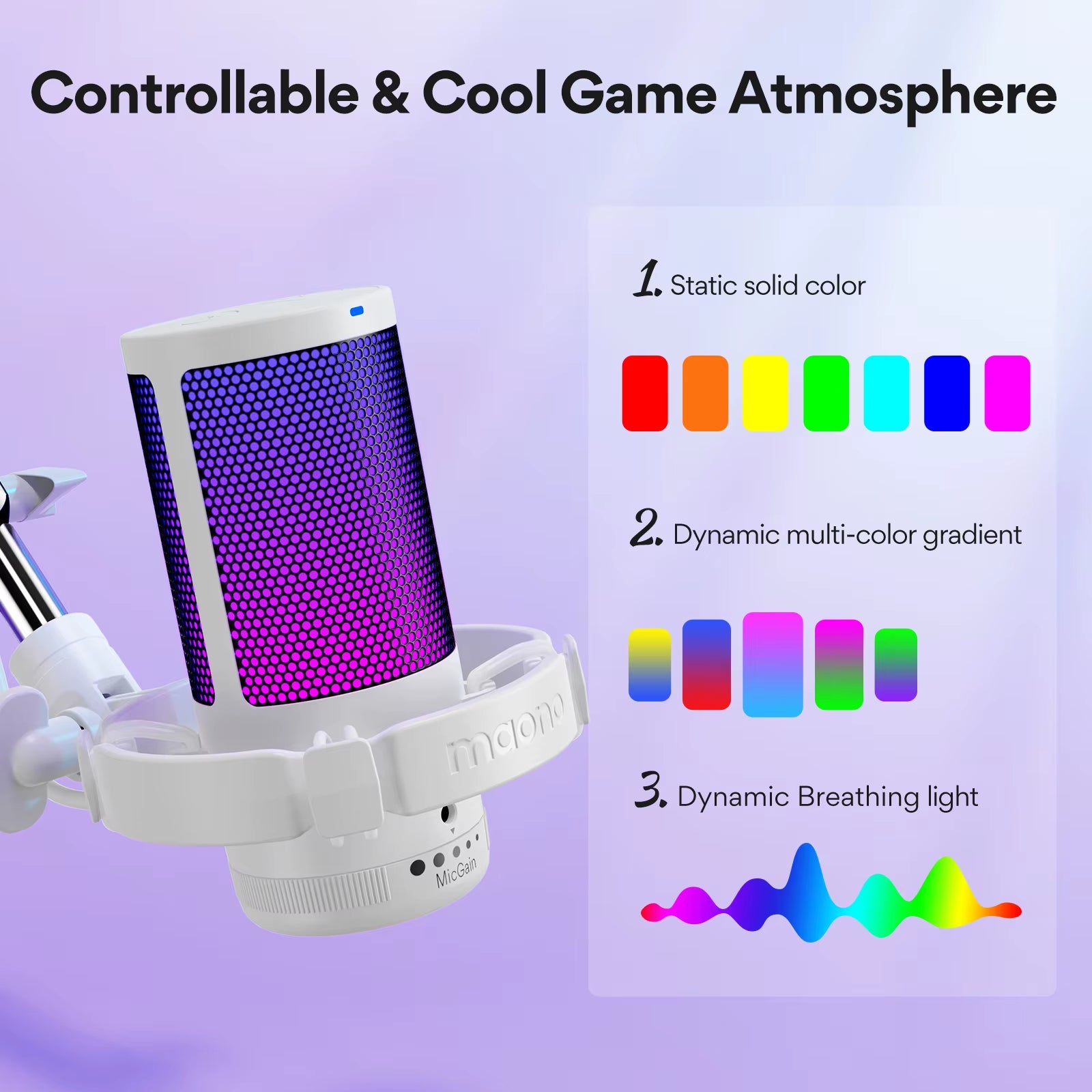 Gamerwave DGM20S USB Microphone Gaming Mic Condenser Mic RGB Mic Noise Canceling Mic with Mic Gain RGB Light One Key Mute