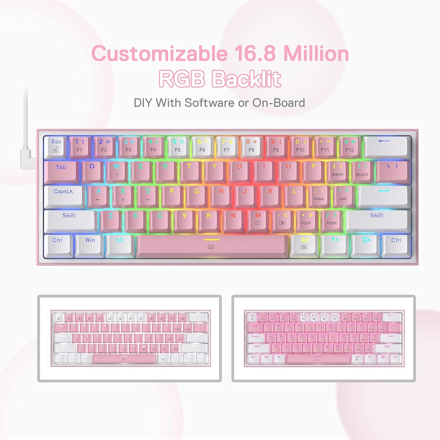 K617 60% Wired RGB Gaming Keyboard, 61 Keys Compact Mechanical Keyboard W/White & Pink Mixed-Colored Keycaps, Linear Red Switch, Pro Driver Support