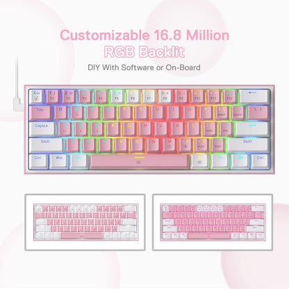 K617 60% Wired RGB Gaming Keyboard, 61 Keys Compact Mechanical Keyboard W/White & Pink Mixed-Colored Keycaps, Linear Red Switch, Pro Driver Support