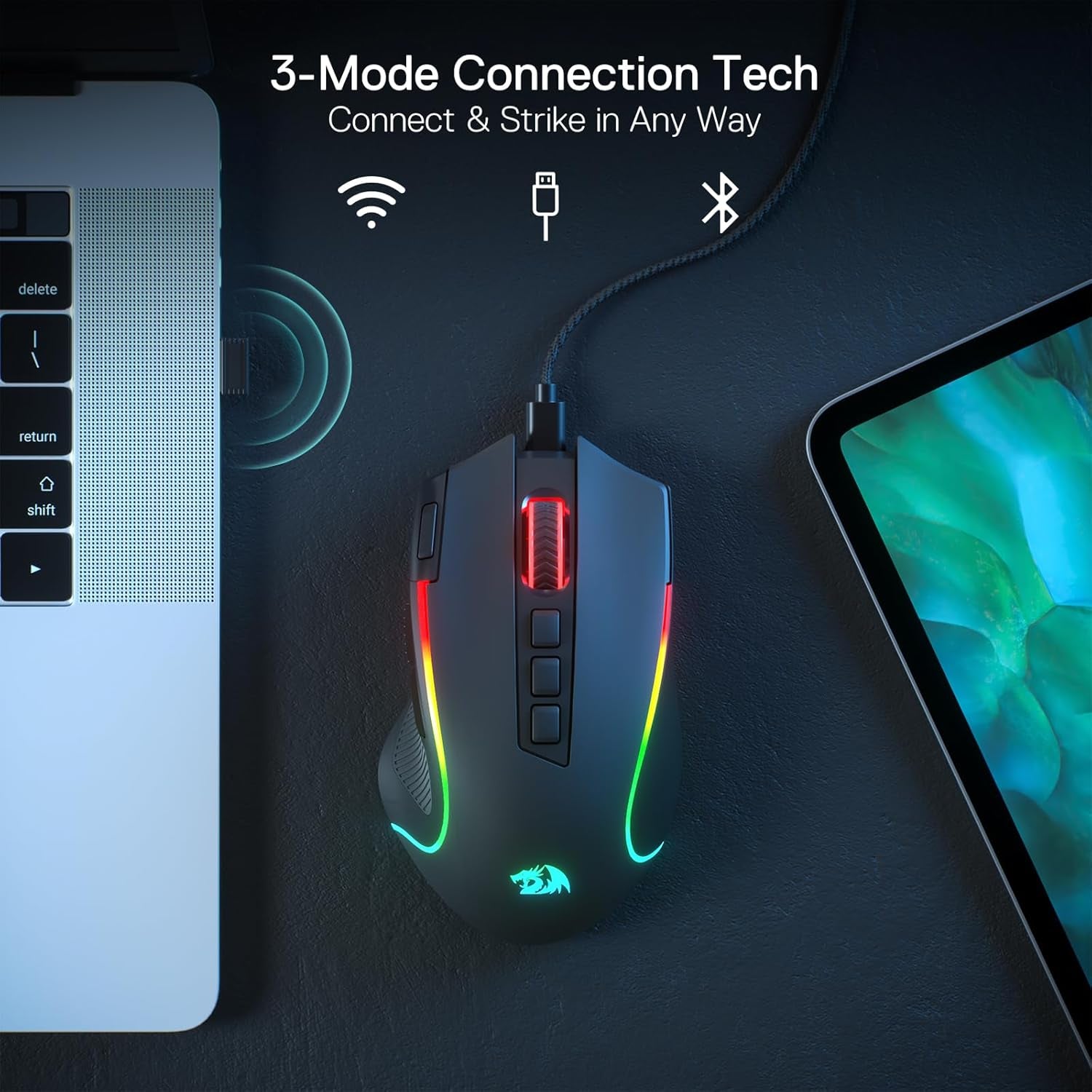 M612 PRO RGB Gaming Mouse, 8000 DPI Wired/Wireless Optical Gamer Mouse with 9 Programmable Buttons & 7 Backlit Modes, BT & 2.4G Wireless, Software Supports DIY Keybinds Rapid Fire Button
