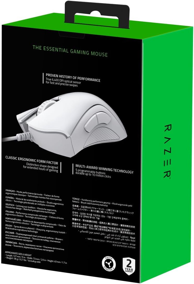 Razer Deathadder Essential (2021) - Wired Gaming Mouse (Optical Sensor, 6400 DPI, 5 Programmable Buttons, Ergonomic Form Factor) White