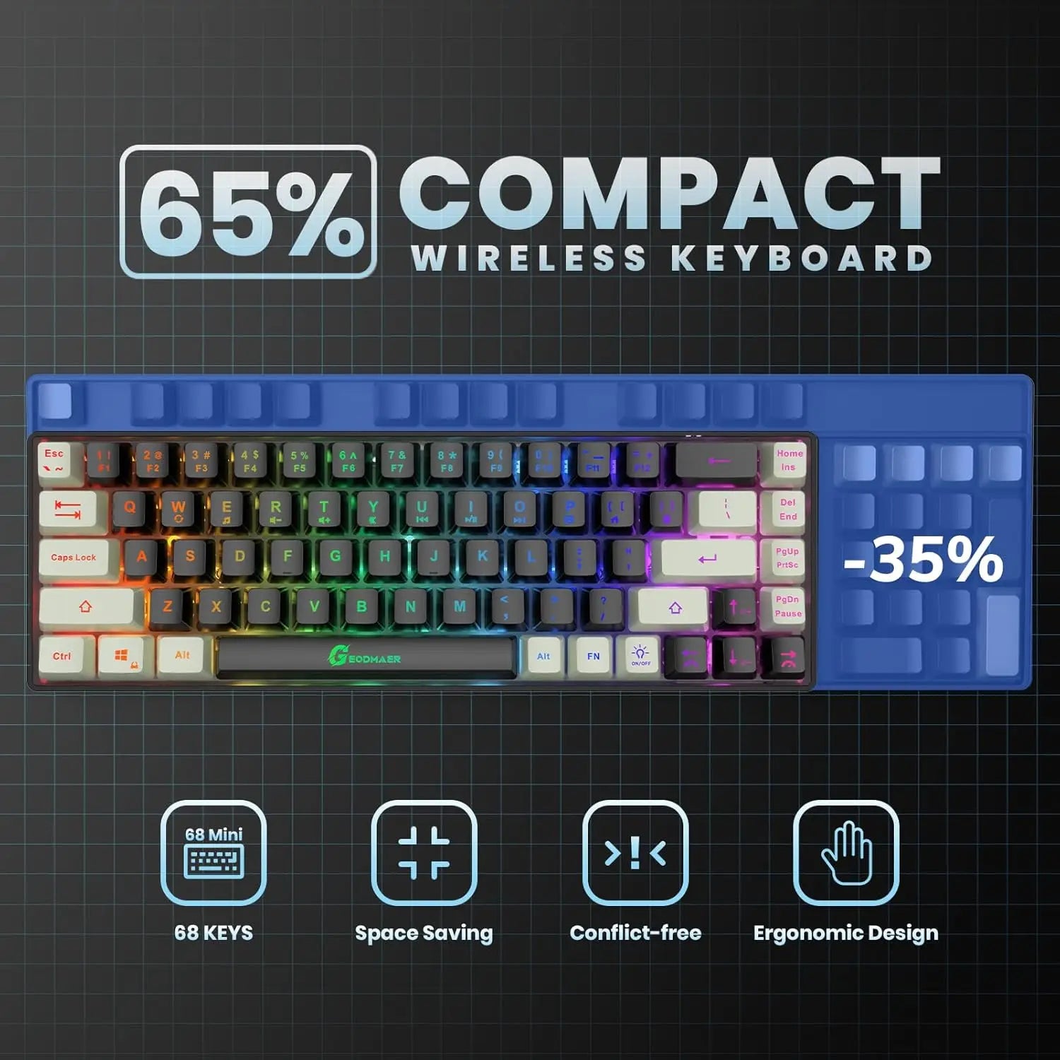 65% Compact Wireless Gaming Keyboard, Rgb Backlit, 2.4G Wireless, 2000Mah Long Battery,Quiet Membrane, Portable for Gaming