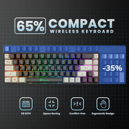 65% Compact Wireless Gaming Keyboard, Rgb Backlit, 2.4G Wireless, 2000Mah Long Battery,Quiet Membrane, Portable for Gaming