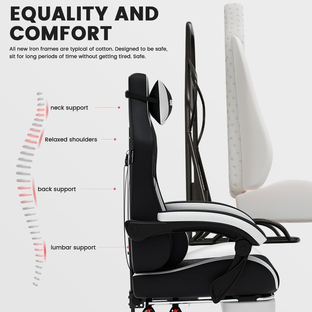 Ergonomic Gaming Chair for Adult, Comfortable Desk Chair with Massage, Comfy Headrest and Lumbar Support Pc Office Chairs with Footrest, Height Adjustable Rotating Task Chairs